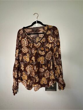 Shyanne Brown Floral V-Neck Blouse with Gold Accents